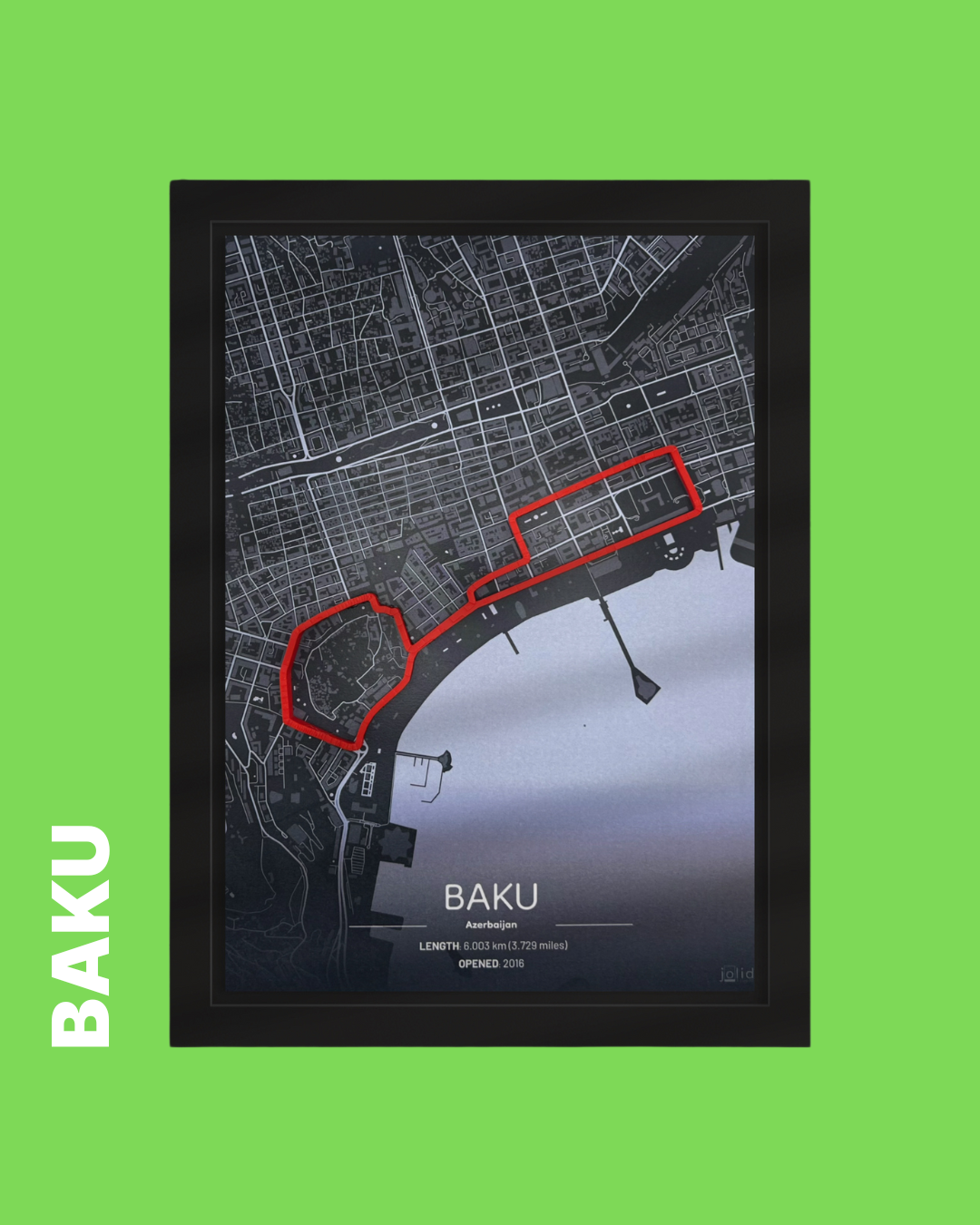 3D-Modell der Rennstrecke Baku City Circuit im Bilderrahmen – Motorsport Wandbild