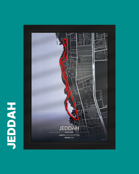3D-Modell der Rennstrecke Jeddah Corniche Circuit im Bilderrahmen – Motorsport Wandbild