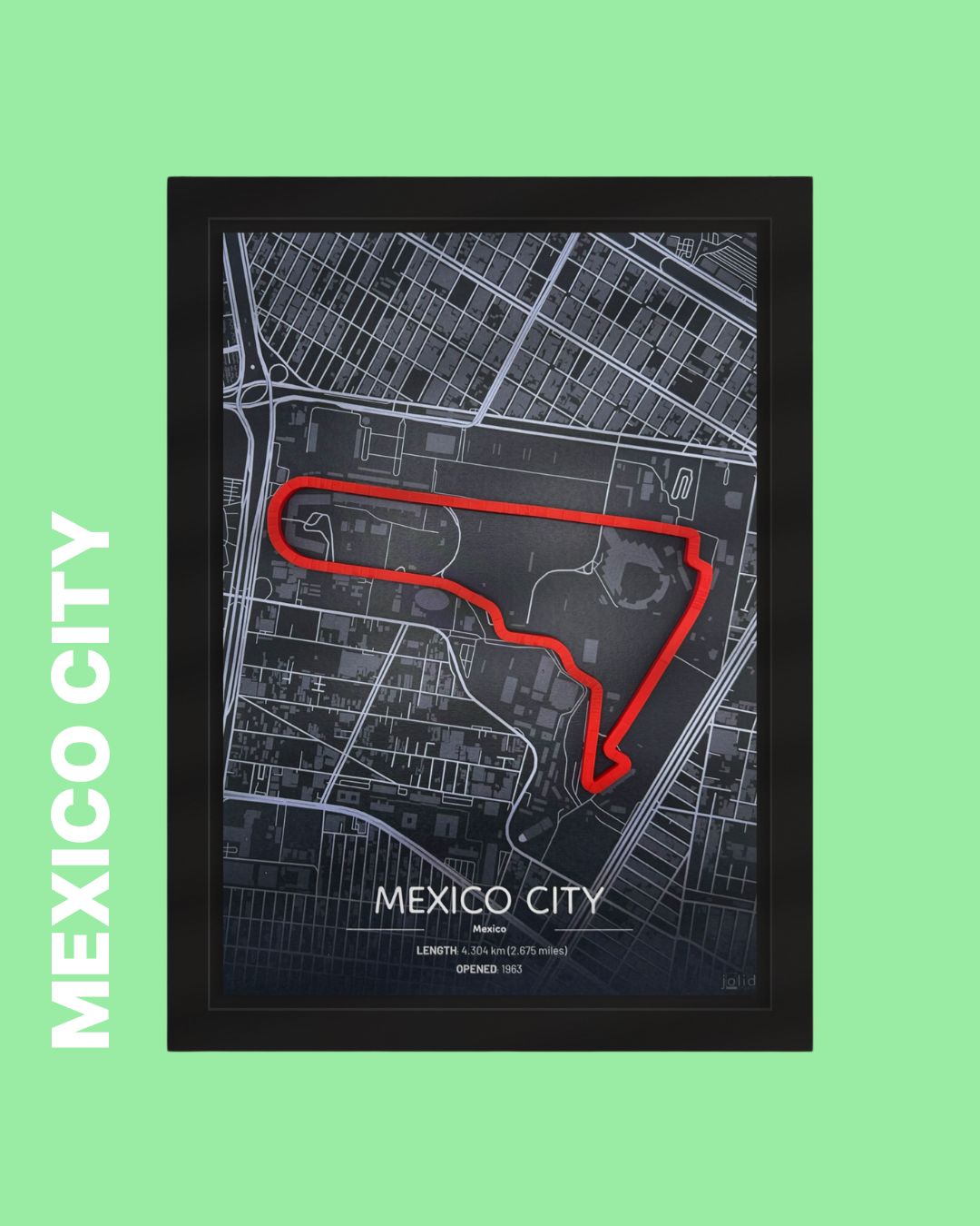3D-Modell der Rennstrecke Autódromo Hermanos Rodríguez - Mexico City im Bilderrahmen – Motorsport Wandbild