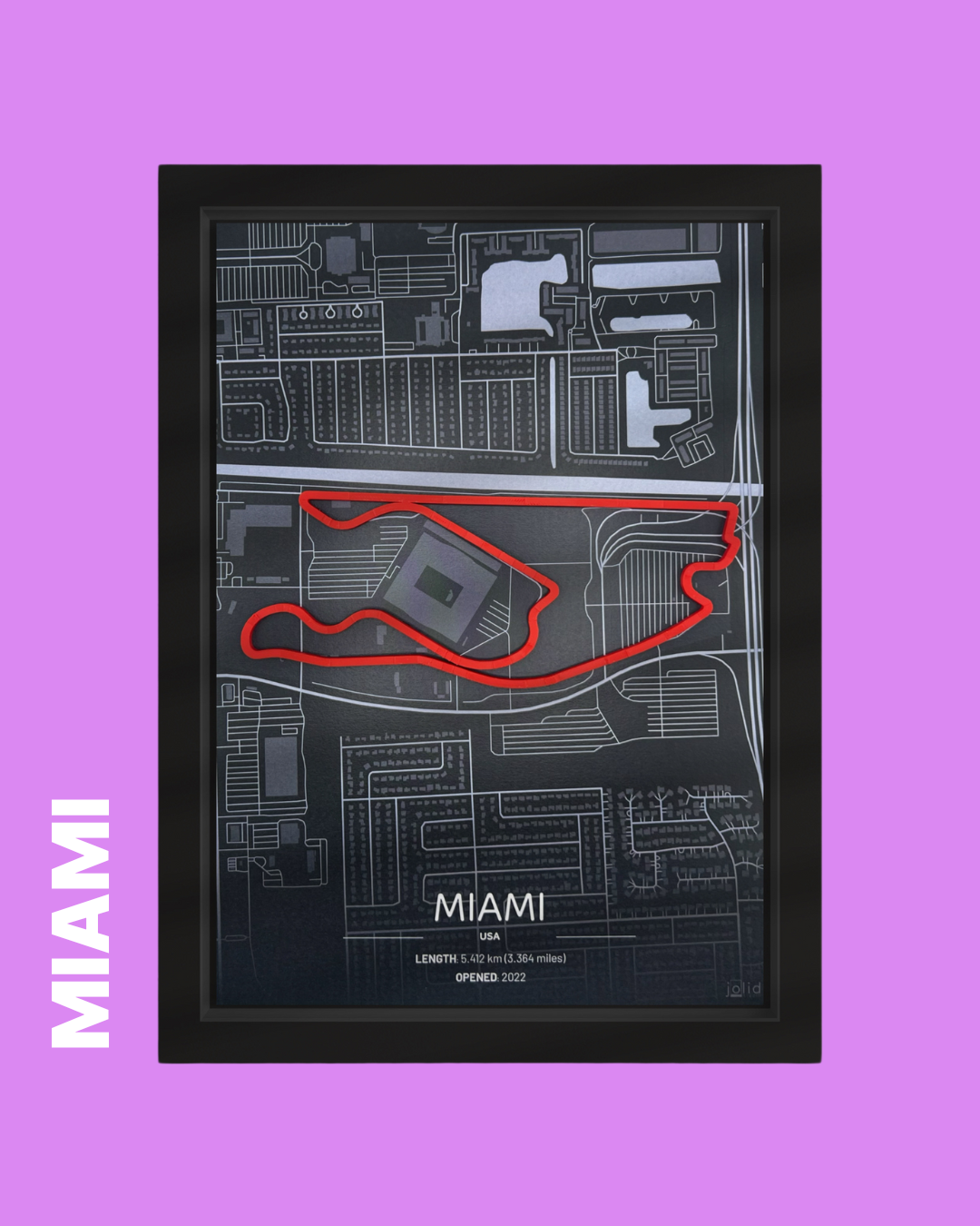 3D-Modell der Rennstrecke Miami im Bilderrahmen – Motorsport Wandbild