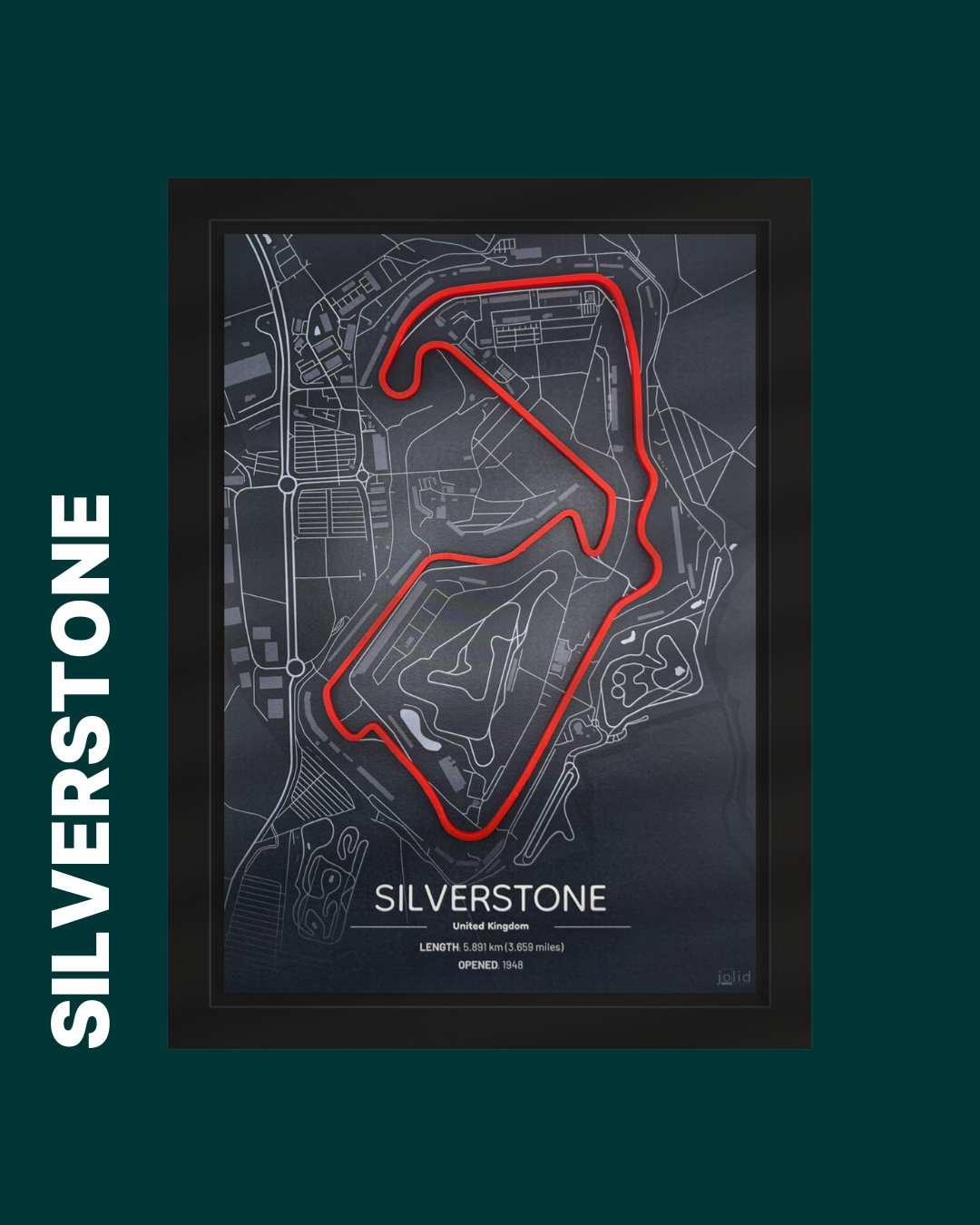 3D-Modell der Rennstrecke Silverstone Circuit im Bilderrahmen – Motorsport Wandbild