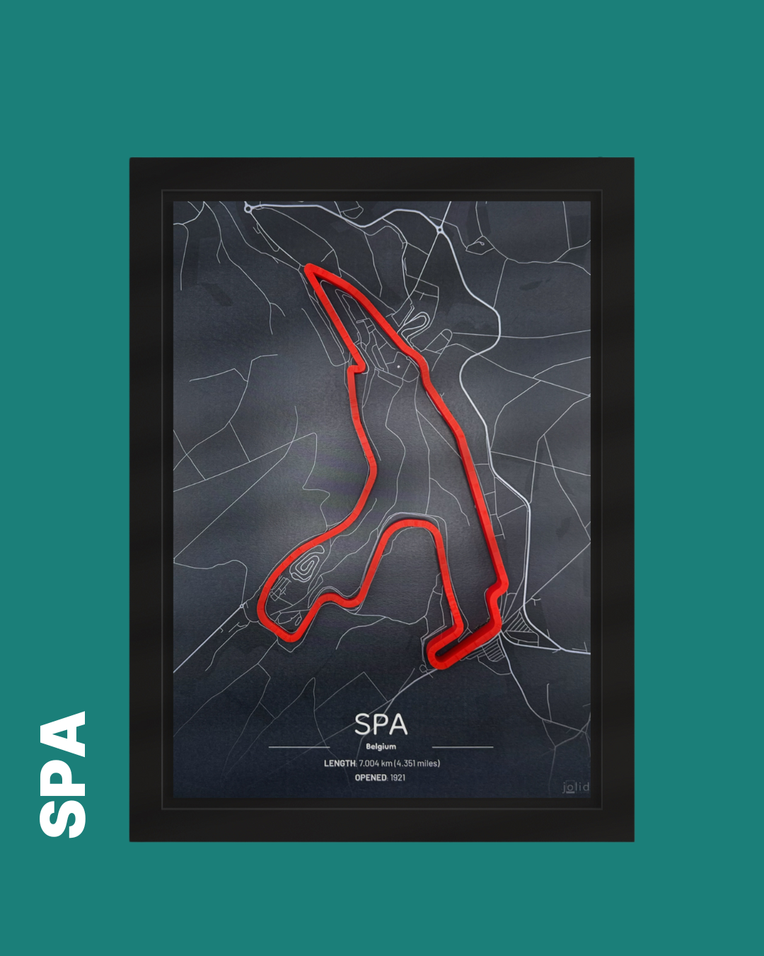 3D-Modell der Rennstrecke Circuit de Spa-Francorchamps im Bilderrahmen – Motorsport Wandbild
